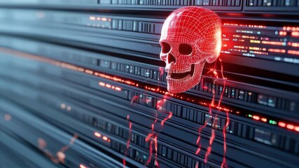 A dark metallic financial server with glowing red cracks, leaking streams of corrupted data, above it a red holographic skull with glitching effects - Powered by Adobe