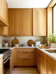 Fototapeta premium Modern kitchen interior featuring wooden cabinets, natural light, and culinary accessories
