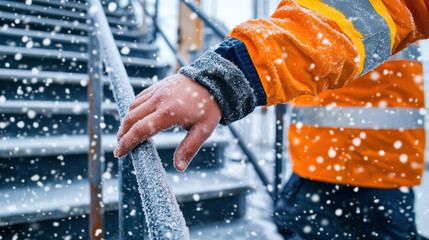 worker hand gripping snowy safety rail on stairs during winter