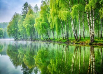 Fog shrouds venerable Ukrainian birches by the river, a timeless scene.