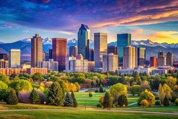 Fototapeta premium Minimalist Denver Skyline: Distant Cityscape View of Colorado's Urban Landscape