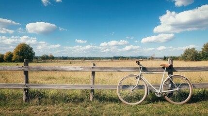 Bicycle resting against wooden fence in a serene rural landscape during a clear day with fluffy clouds. Generative AI