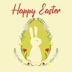 Happy easter postcard. Easter card on a light background with a rabbit in an egg and flowers. Vector.