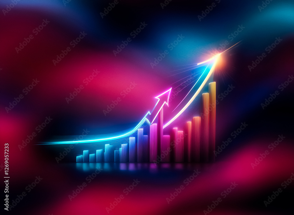Aufkleber neon arrows and glowing bars chart a sharp upward trend against a dark background, symbolizing growt