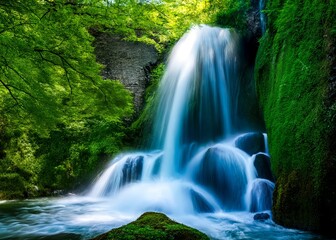 Obraz premium Beautiful realistic illustration of a waterfall in a natural jungle setting.