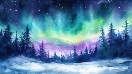 Fototapeta premium Colorful aurora borealis illuminates a winter landscape with dark silhouettes of pine trees at night. Generative AI
