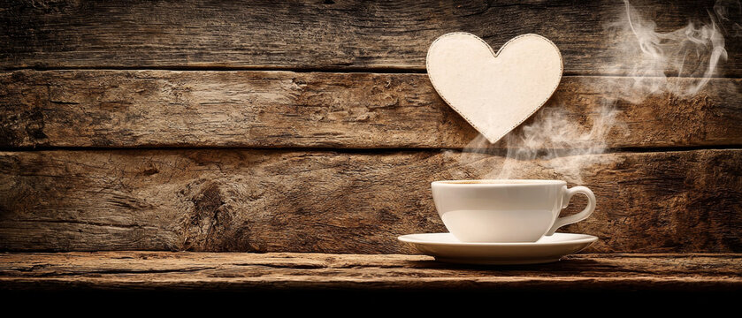 Steaming coffee in rustic setting, heart-shaped decoration