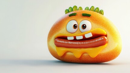 A Humorous Cartoon Hotdog Character with Big Eyes and Goofy Teeth