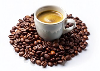 Fototapeta premium Minimalist Espresso Coffee Cup with Raw Coffee Beans on White