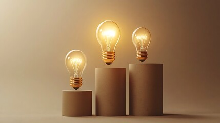Glowing bulbs on podium, ideas growth, beige background, business concept