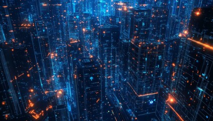 Naklejka premium Futuristic city data streams night aerial digital