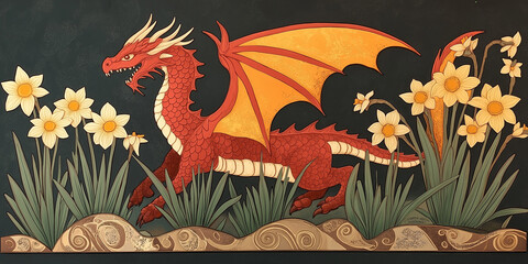 Obraz premium Fiery red dragon among daffodils in mystical floral landscape