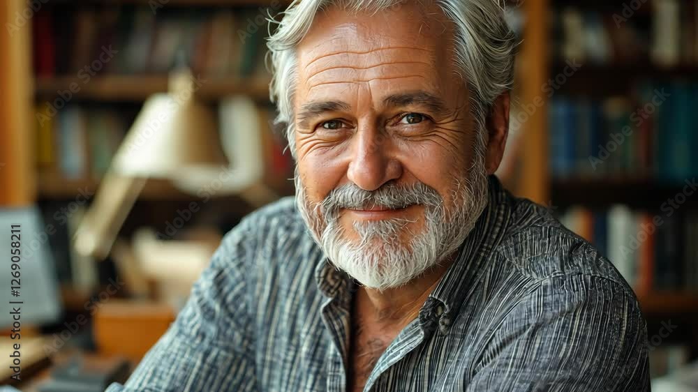 Poster man with a beard and gray hair is smiling at the camera. he is sitting at a desk with a bookcase beh