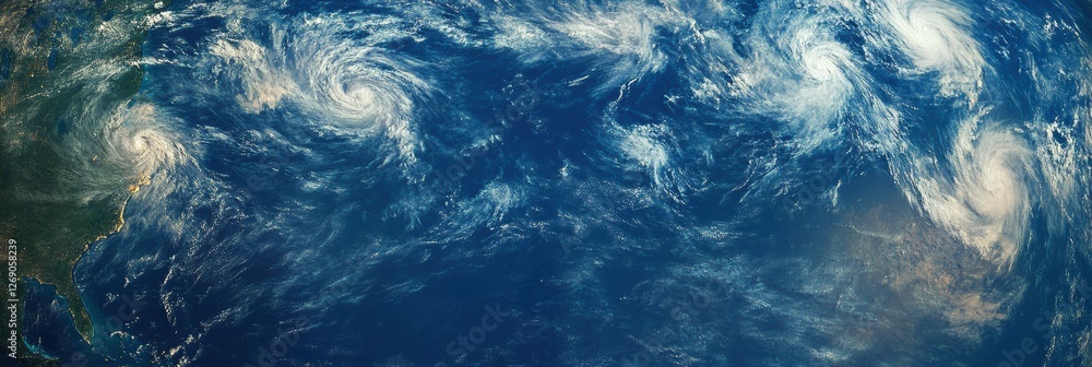 Poster powerful hurricanes swirl over the atlantic and pacific oceans in view from space during peak hurric