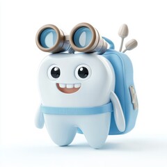Tooth explorer with a tiny backpack and binoculars isolated on white