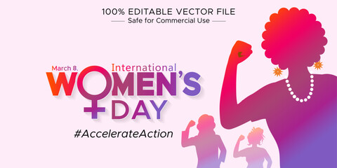 Happy Women's Day post. Women of different ethnicities are standing together and Woman sign illustration. 2025 International women's day campaign theme - #AccelerateAction