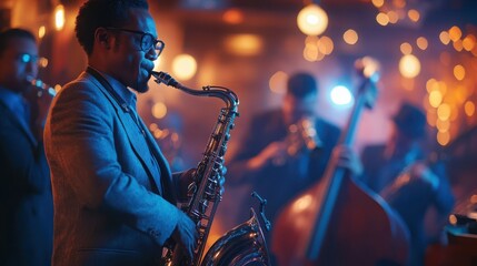 A lively jazz band performing on stage in a cozy club, featuring musicians playing saxophones, trumpets, and double bass, capturing the energy and vibrancy of the jazz revival scene.