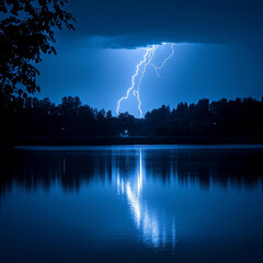 Night lake reflects lightning strike over silhouetted trees