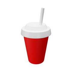 3d illustration red paper cup with a straw on transparent background