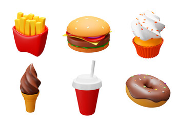 Food 3d illustration icons set on transparent background