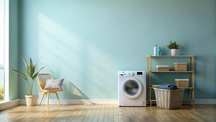 Minimalist Laundry Room: Pastel Blue Wall, Washing Machine & Laundry Basket