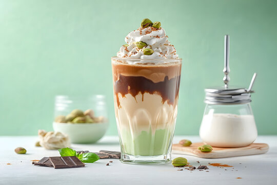 Dubai Chocolate Ice Cream iced coffee latte with pistachio ice cream, tahini, kataifi, whipped cream chocolate drops and dubai chocolate flavored syrup, on white green table, copy space