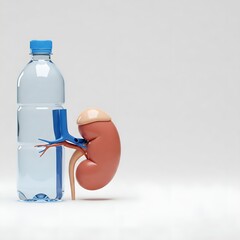 Hydration and Health: A 3D illustration depicts a human kidney, a vital organ responsible for filtering waste and regulating fluids, alongside a bottle of water, a symbol of essential hydration.