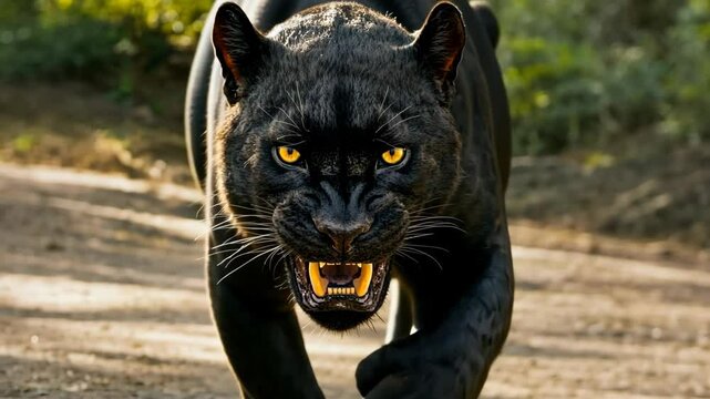 Black panther prowls through the forest under the afternoon sunlight exhibiting an intimidating expression