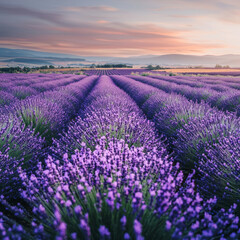 Obraz premium Lavender field at sunrise Rows of purple flowers stretch to the horizon