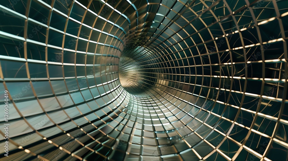 Poster 3d rendering of a glowing blue and green tunnel. the tunnel is made of a grid of small squares, and 