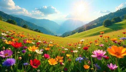 Obraz premium Vibrant wildflowers carpet sun-drenched hills , purple, travel, europe
