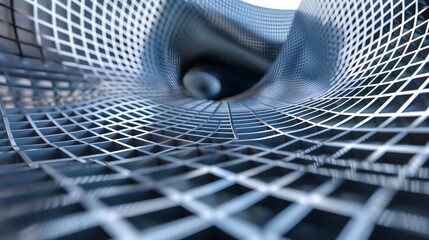 Abstract 3D rendering of a metallic grid structure with a glowing light at the end of the tunnel.