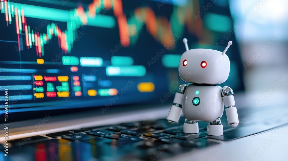 Poster a small robot stands on a laptop keyboard, with colorful financial graphs displayed on the screen be