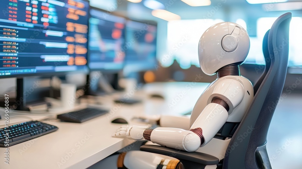 Poster a humanoid robot sits at a desk with multiple computer screens displaying data, symbolizing the inte