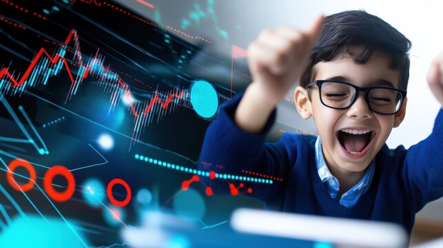 Exciting stock market victory celebration home office child emotion modern environment close-up view financial success