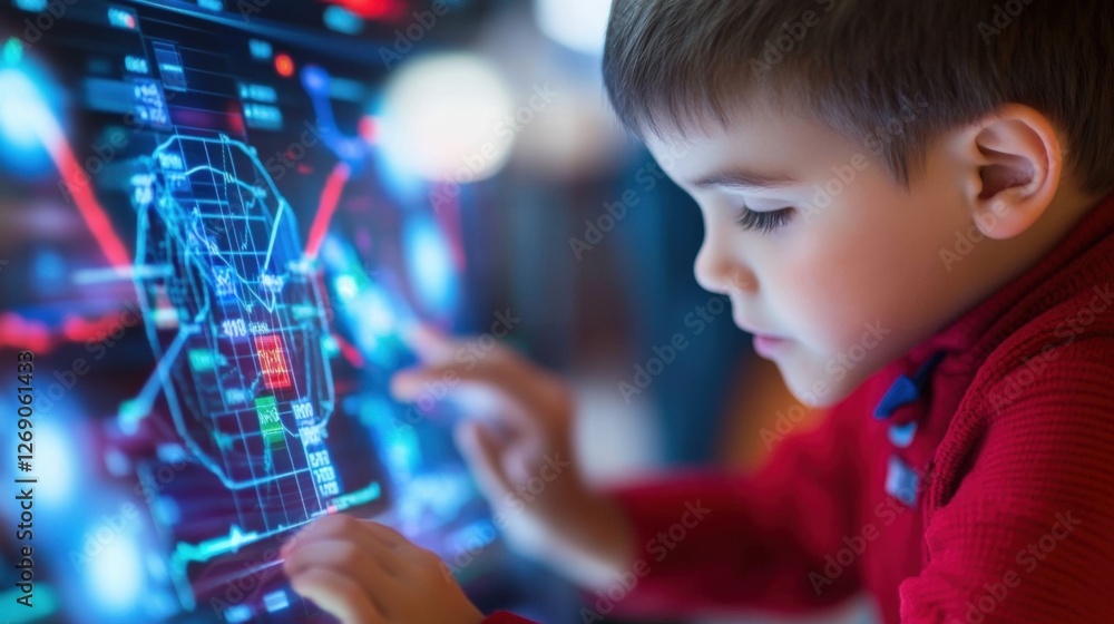Poster child engaged in interactive technology experiment home setting digital learning indoor environment 