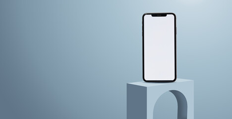 A smartphone with a blank white screen standing on an arch-shaped pedestal against a light blue background..