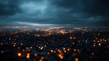 A stunning telecommunications landscape shot in the studio, featuring a dense urban environment covered in glowing 6G network nodes
