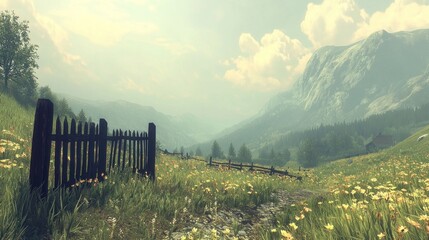 Obraz premium Alpine meadow with wooden fence, mountain vista, tranquil scene