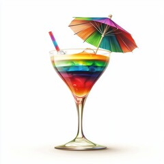 Of Hovering cocktail with colorful layers and umbrella garnish isolated on white