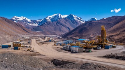 Mountainous mining site with industrial infrastructure under bright sky.