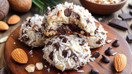 Fototapeta premium Delicious coconut almond cookies piled on a wooden platter with chocolate chips and nuts enhancing the presentation