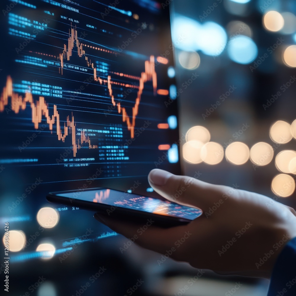 Poster analyzing financial trends with mobile technology a close-up of stock market data visualization in a