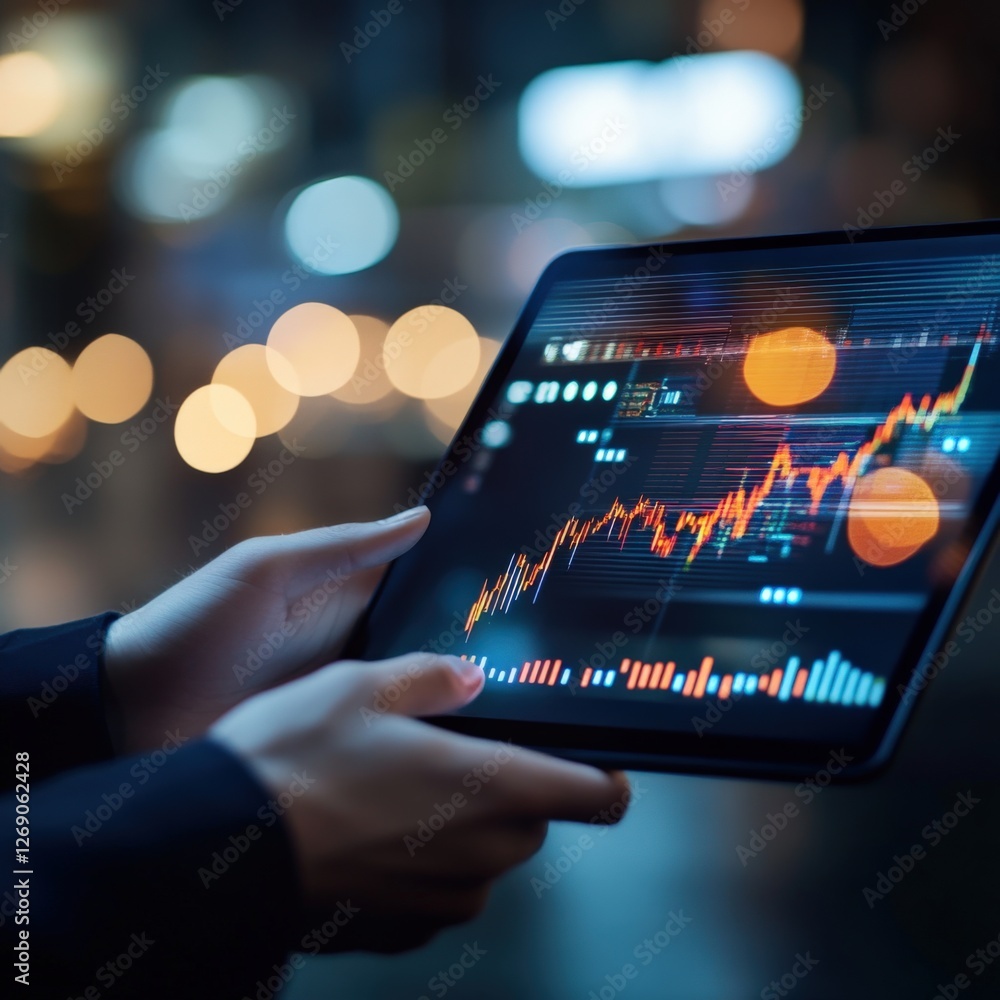 Poster analyzing market trends digital workspace data visualization urban environment close-up view financi