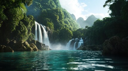 the famous Kuang Si Waterfalls in Laos, with crystal-clear turquoise waters flowing through lush green jungle, creating a breathtaking natural background