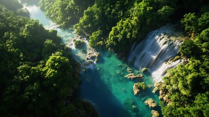the famous Kuang Si Waterfalls in Laos, with crystal-clear turquoise waters flowing through lush green jungle, creating a breathtaking natural background