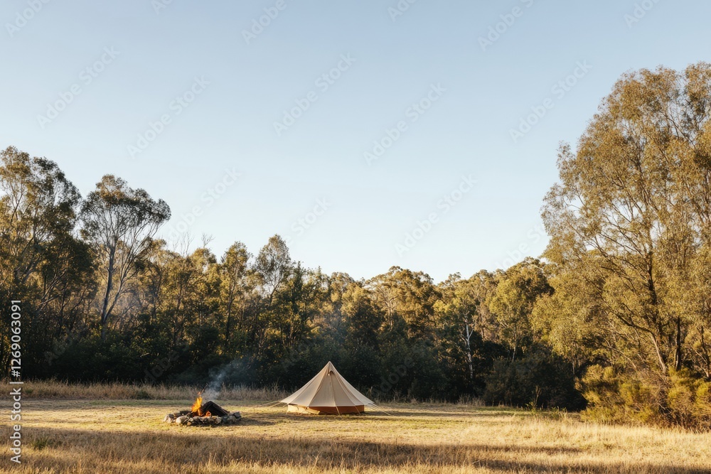 Aufkleber camping under clear skies with a cozy fire pit and a canvas tent in a peaceful forest clearing. gene