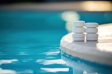 Fresh chlorine tablets arranged neatly by the sparkling blue poolside during a sunny day. Generative AI