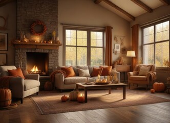 Fototapeta premium Cozy living room with fall decorations and warm lighting, autumn, warm lighting