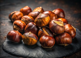 Minimalist Roasted Chestnuts on Slate Background - Autumnal Food Photography